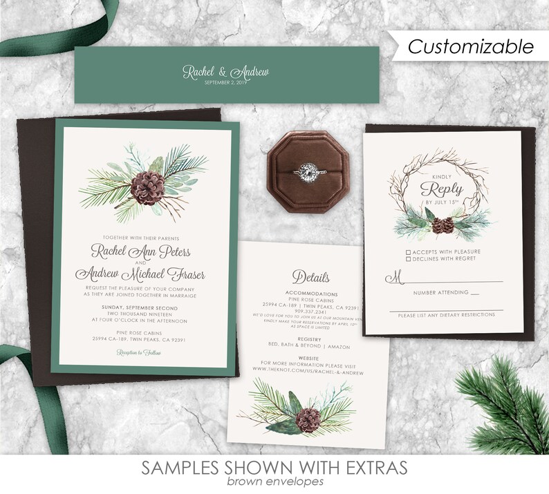 Mountain Wedding Invitations, forest wedding invitation, pine tree, wedding invites, greenery, mountain, forest, green, watercolor image 6