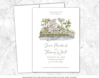 Watercolor Boathouse Save the Date, Save the Date, Custom Venue, Watercolor Painting, Custom Watercolor