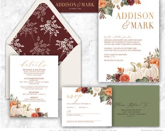 Burnt Orange Pumpkin Fall Wedding Invitation, Autumn Floral