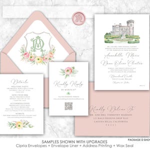 Dromoland Castle Spring Wedding Invitation, Ireland, custom venue wedding invitation, Irish wedding, pink, colorful, cheerful