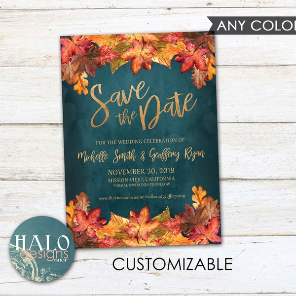 Fall Save the Date, ANY COLOR, burgundy save the date, navy save the date, fall leaves, autumn save the date, teal, plum, navy, rustic