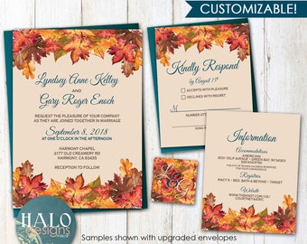 Rustic Fall Wedding invitation, Orange & Teal Wedding invitation, rustic invitations, Fall wedding invitations, fall leaves, teal