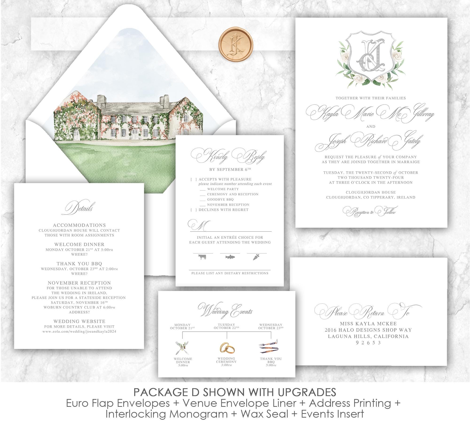 Cloughjordan House Wedding Invitation hand-painted Irish