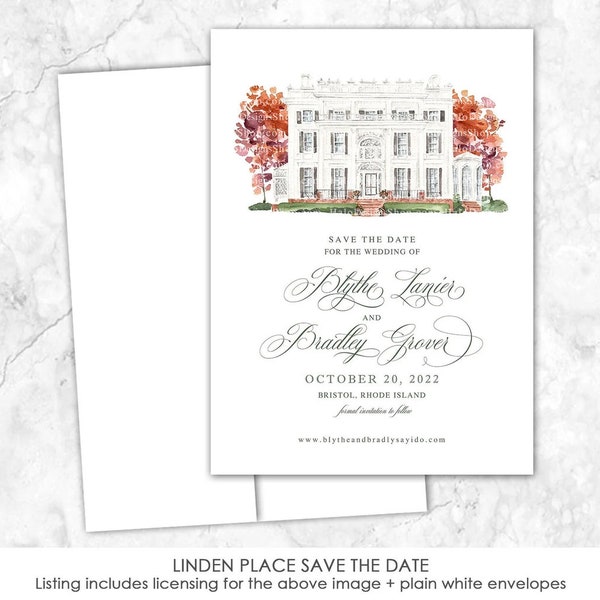 Linden Place Save the Date, Bristol, Rhode Island, Fall, Save the Date, Custom Venue, Watercolor Painting, Custom Watercolor