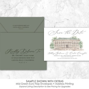 Puede incluir: Una tarjeta de guardar la fecha con una ilustraci&oacute;n de acuarela de un edificio. El texto dice "Save the Date" y "Ailley Gilmore & Carter Covington" con la fecha "March 27, 2021" y la ubicaci&oacute;n "Providence, Rhode Island".