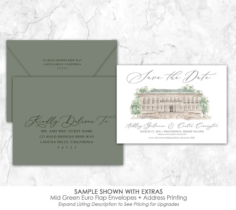 Puede incluir: Una tarjeta de guardar la fecha con una ilustraci&oacute;n de acuarela de un edificio. El texto dice "Save the Date" y "Ailley Gilmore & Carter Covington" con la fecha "March 27, 2021" y la ubicaci&oacute;n "Providence, Rhode Island".