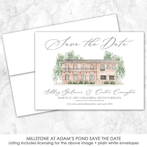 Millstone at Adam's Pond, Save the Date, South Carolina, Adams Pons, Venue Save the Date, Custom Venue, Watercolor Painting, Watercolor