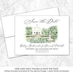 Op de afbeelding: Een witte Save the Date-kaart met een aquarelillustratie van een kerk in missiestijl, een stenen fontein en weelderig groen. De tekst bevat Save the Date, Haley Redmond & Daniel Petrilli, 5 september 2021, San Jose Del Cabo, Mexico.