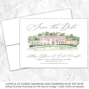 Loyola at Cuneo Mansion and Gardens Save the Date |  Vernon Hills, Illinois | watercolor painting for save the dates or wedding invitations