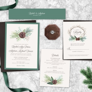 Forest Watercolor Wedding Invitations, pine tree wedding, wedding invites, wedding invitation, greenery, mountain, forest, green image 6