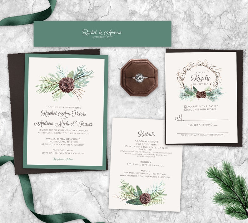 Forest Watercolor Wedding Invitations, pine tree wedding, wedding invites, wedding invitation, greenery, mountain, forest, green image 6