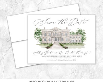 Brecknock Hall Save the Date, New York Save the Date, Custom Venue, Watercolor Painting, Custom Watercolor
