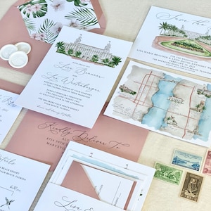 Puede incluir: Un conjunto de invitaciones de boda con un esquema de color rosa y blanco. Las invitaciones presentan una ilustraci&oacute;n de acuarela de un edificio y un mapa. El texto en las invitaciones dice "Save the Date" y "With Great Joy".