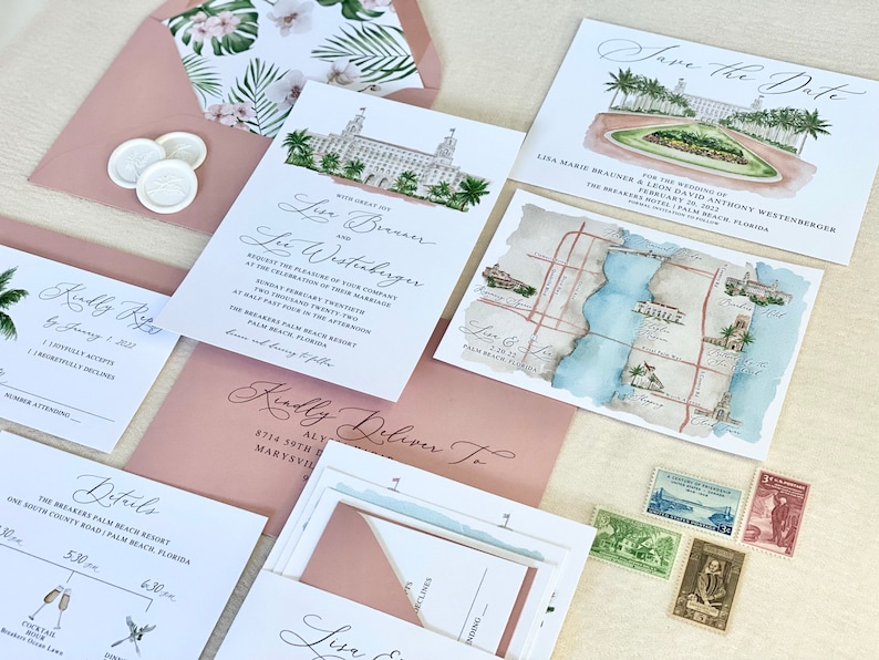 Puede incluir: Un conjunto de invitaciones de boda con un esquema de color rosa y blanco. Las invitaciones presentan una ilustraci&oacute;n de acuarela de un edificio y un mapa. El texto en las invitaciones dice "Save the Date" y "With Great Joy".