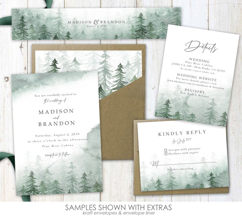 Mountain Wedding Invitations, forest wedding invitation, pine tree, wedding invites, greenery, mountain, forest, green, watercolor image 3