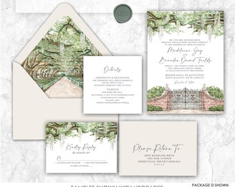 Boone Hall and Gardens Wedding Invitation, Avenue of the Oaks, Southern Oak, Spanish Moss Tree, Wormsloe, South Carolina