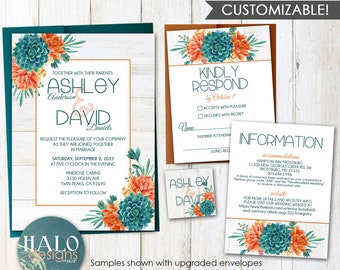 Fall Succulent Wedding Invitation, ANY COLOR, orange wedding invite, succulents, wedding invitations, rustic, wood, orange, teal