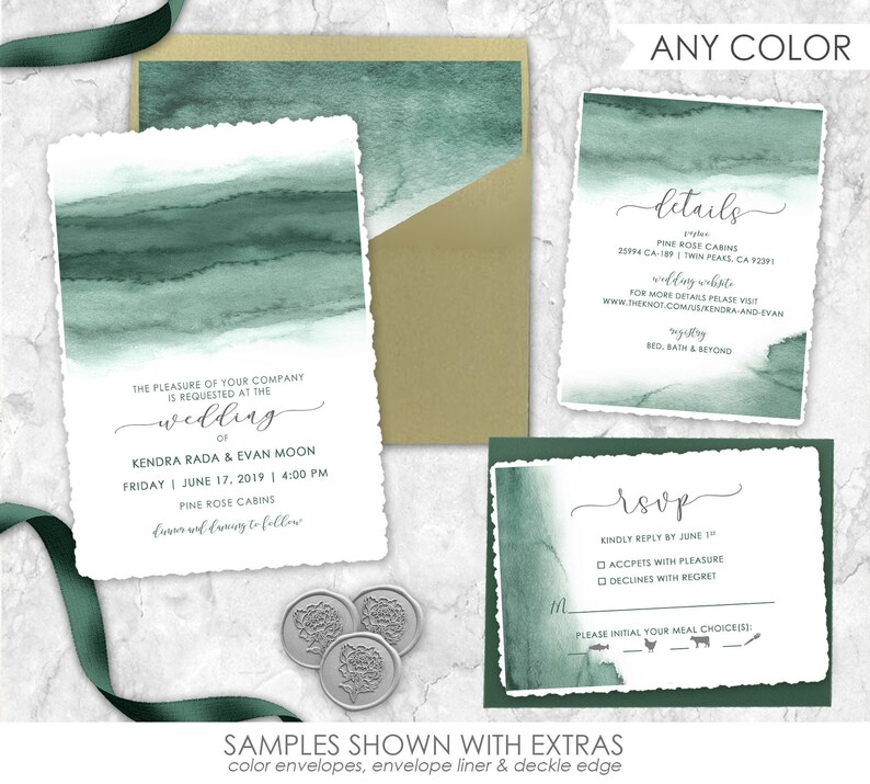 Watercolor Wedding Invitations emerald wedding greenery wedding invitation wedding invites deckle edge mountain green forest