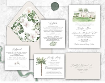 The Pelican Club, Jupiter, Florida, venue wedding invitation, custom painted wedding venue, Florida hotel, resort wedding