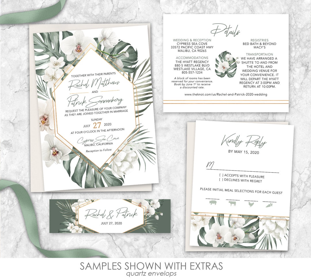 Tropical White Wedding Invitations Botanical White Gold
