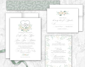 Crest Wedding Invitation, floral, white, roses, monogram, ivory, spring wedding, simple, venue, simple, wedding invitation elegant