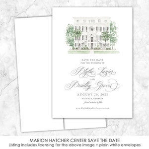 May include: Save the date card with a watercolor illustration of a white house with green trees and a gray text overlay that reads "Save the Date for the Wedding of Blythe Lanier and Bradley Grover August 20, 2022 Augusta, Georgia www.blythe&bradleyforgrover.com"