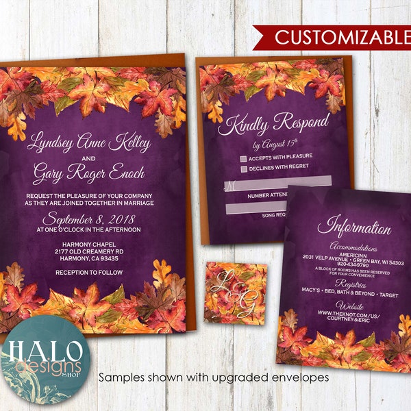 Rustic Fall Wedding invitation, Orange & Plum Wedding invitation, rustic invitations, Fall wedding invitations, fall leaves, plum, fall plum