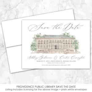 Puede incluir: Tarjeta de guardar la fecha con una ilustraci&oacute;n de acuarela de la Biblioteca P&uacute;blica de Providence. La tarjeta es blanca con texto negro e incluye los nombres Ashley Gilmore y Carter Covington, la fecha 27 de marzo de 2021 y la ubicaci&oacute;n Providence, Rhode Island.
