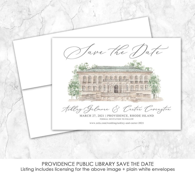 Puede incluir: Tarjeta de guardar la fecha con una ilustraci&oacute;n de acuarela de la Biblioteca P&uacute;blica de Providence. La tarjeta es blanca con texto negro e incluye los nombres Ashley Gilmore y Carter Covington, la fecha 27 de marzo de 2021 y la ubicaci&oacute;n Providence, Rhode Island.