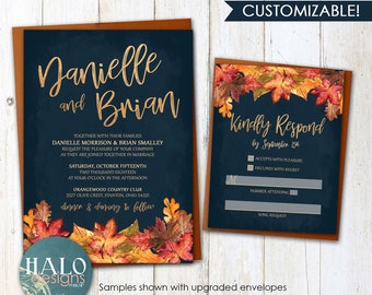 Fall Wedding invitation, Orange and Navy Wedding invitation, rustic invitations, Fall wedding invitations, fall leaves, navy, fall navy