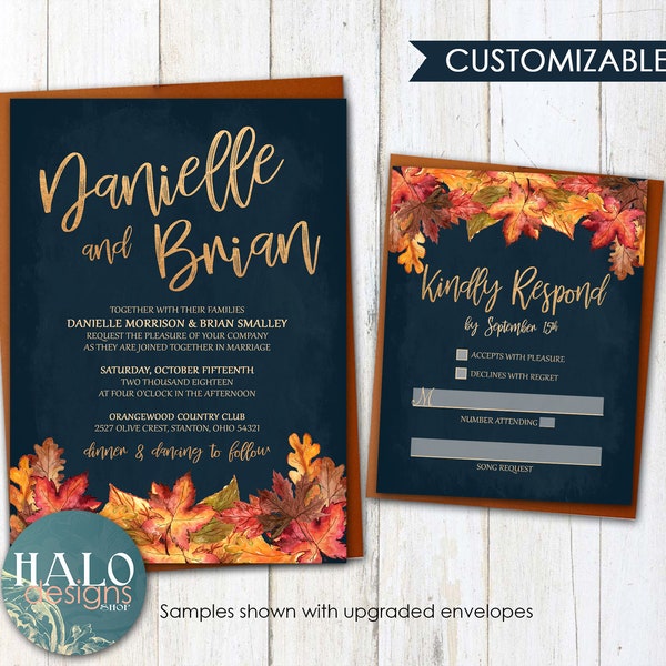 Fall Wedding invitation, Orange and Navy Wedding invitation, rustic invitations, Fall wedding invitations, fall leaves, navy, fall navy