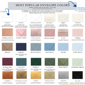 May include: A chart showing the most popular envelope colors for weddings and other events. The colors are organized in a grid with a description of each color and whether it can be printed on. The colors include white, cream, terra cotta, candy pink, rose gold, dusty rose, nude, cipria, kraft, cobalt, dusty blue, new blue, azure, cool blue, burgundy, amazon, forest, seedling, mid green, powder green, copper, antique gold, gold, gold leaf, silver, and black.
