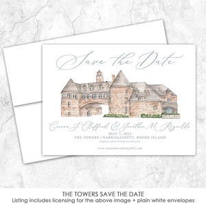 The Narragansett Towers Save the Date, Estate Venue Save the Date, Castle, Custom Venue, Watercolor Painting, Custom Watercolor