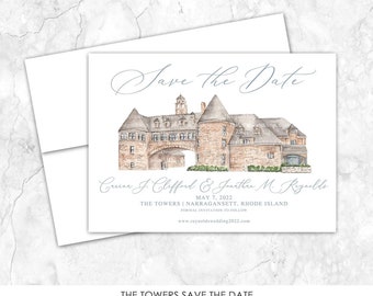 The Narragansett Towers Save the Date, Estate Venue Save the Date, Castle, Custom Venue, Watercolor Painting, Custom Watercolor