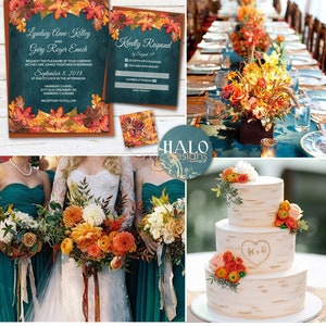 Pumpkin Fall Wedding invitation, Teal Autumn Wedding invitation, invitations, Fall wedding invitations, fall leaves autumn teal & orange image 9