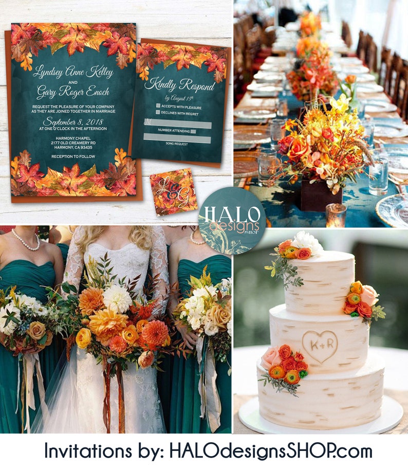 Pumpkin Fall Wedding invitation, Teal Autumn Wedding invitation, invitations, Fall wedding invitations, fall leaves autumn teal & orange image 9