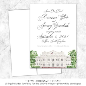 Puede incluir: Una tarjeta Save the Date blanca con texto negro en cursiva que anuncia la boda de Brianna White y Jeremy Groenbech el 1 de septiembre de 2021 en Aiken, Carolina del Sur, con una ilustración en acuarela de un edificio y árboles verdes.