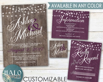 Rustic Wedding Invitations, ANY COLOR, rustic plum invitation, plum wedding, Eggplant, Purple, Wood, wedding invite