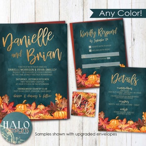 Pumpkin Fall Wedding invitation, Teal Autumn Wedding invitation, invitations, Fall wedding invitations, fall leaves autumn teal & orange image 1