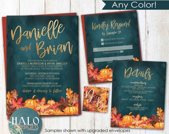 Pumpkin Fall Wedding invitation, Teal Autumn Wedding invitation, invitations, Fall wedding invitations, fall leaves autumn teal & orange