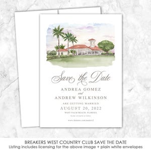 Breakers West Country Club Save the Date, Palm Beach Save the Date, Florida, Custom Venue, Watercolor Painting, Custom Watercolor
