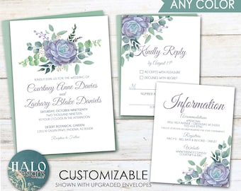 Succulent Wedding Invitation, purple, Echceveria, wedding invite, succulents, wedding invitations, duty blue, dusty purple, leaves,