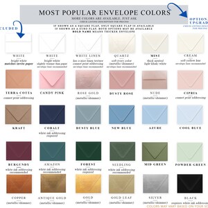 Puede incluir: Un gr&aacute;fico que muestra los colores de sobres m&aacute;s populares para bodas y otros eventos. Los colores est&aacute;n organizados en una cuadr&iacute;cula con una descripci&oacute;n de cada color y si requiere direcci&oacute;n en tinta blanca. Los colores incluyen blanco, lino blanco, cuarzo, niebla, crema, terracota, rosa chicle, oro rosa, rosa polvoriento, nude, cipria, kraft, cobalto, azul polvoriento, azul nuevo, azul celeste, azul fr&iacute;o, burdeos, amazon, bosque, pl&aacute;ntula, verde medio, verde polvo, cobre, oro antiguo, oro, oro hoja, plata y negro.