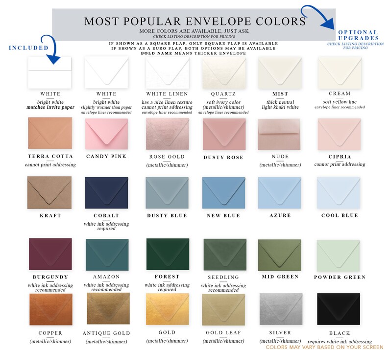 Puede incluir: Un gr&aacute;fico que muestra los colores de sobres m&aacute;s populares para bodas y otros eventos. Los colores est&aacute;n organizados en una cuadr&iacute;cula con una descripci&oacute;n de cada color y si requiere direcci&oacute;n en tinta blanca. Los colores incluyen blanco, lino blanco, cuarzo, niebla, crema, terracota, rosa chicle, oro rosa, rosa polvoriento, nude, cipria, kraft, cobalto, azul polvoriento, azul nuevo, azul celeste, azul fr&iacute;o, burdeos, amazon, bosque, pl&aacute;ntula, verde medio, verde polvo, cobre, oro antiguo, oro, oro hoja, plata y negro.