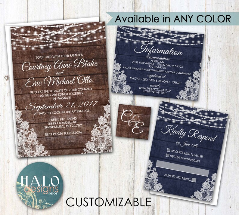 Rustic Lace Wedding invitation, ANY COLOR, Rustic Wedding invitation, rustic invitations image 4