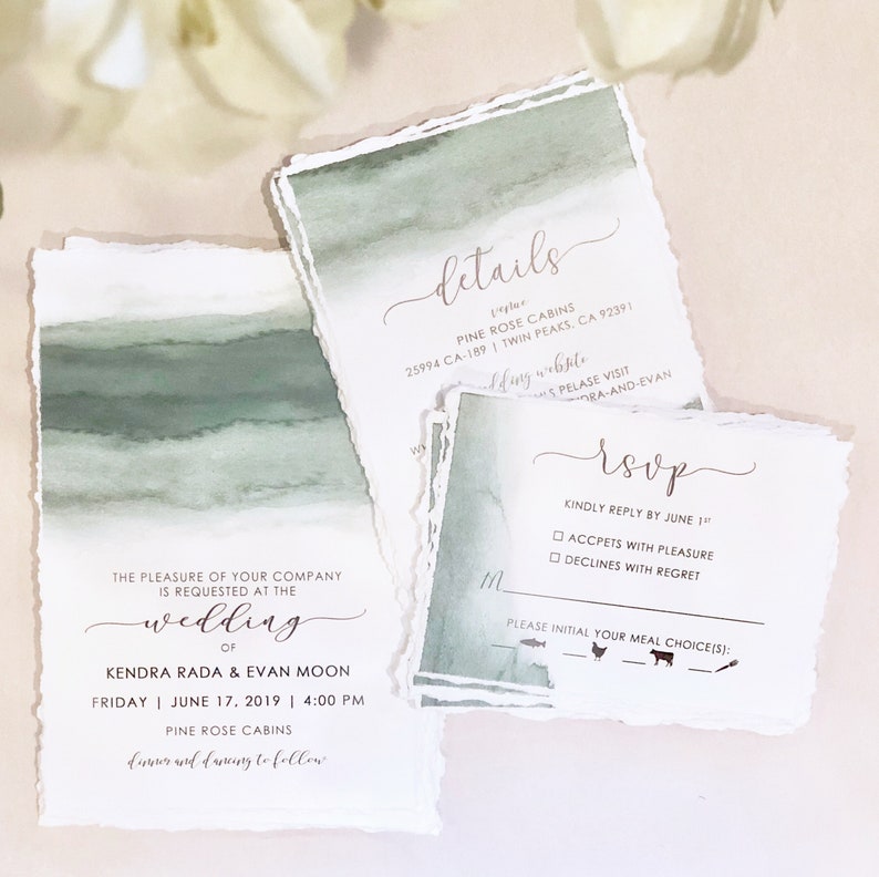 Watercolor Wedding Invitations emerald wedding greenery wedding invitation wedding invites deckle edge mountain green forest