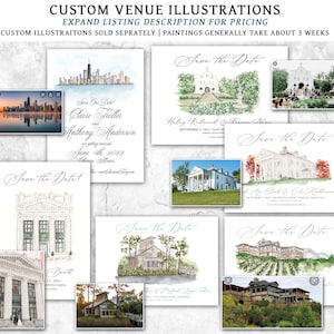 Puede incluir: Una colecci&oacute;n de ilustraciones de acuarela de lugares de bodas. Las ilustraciones est&aacute;n en formato de tarjeta de guardar la fecha y presentan varios estilos arquitect&oacute;nicos, incluyendo una iglesia, una casa y un vi&ntilde;edo. Las ilustraciones est&aacute;n todas en estilo acuarela y est&aacute;n sobre un fondo blanco.