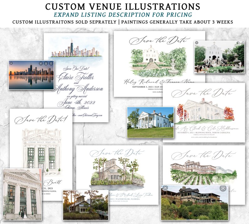 Puede incluir: Una colecci&oacute;n de ilustraciones de acuarela de lugares de bodas. Las ilustraciones est&aacute;n en formato de tarjeta de guardar la fecha y presentan varios estilos arquitect&oacute;nicos, incluyendo una iglesia, una casa y un vi&ntilde;edo. Las ilustraciones est&aacute;n todas en estilo acuarela y est&aacute;n sobre un fondo blanco.