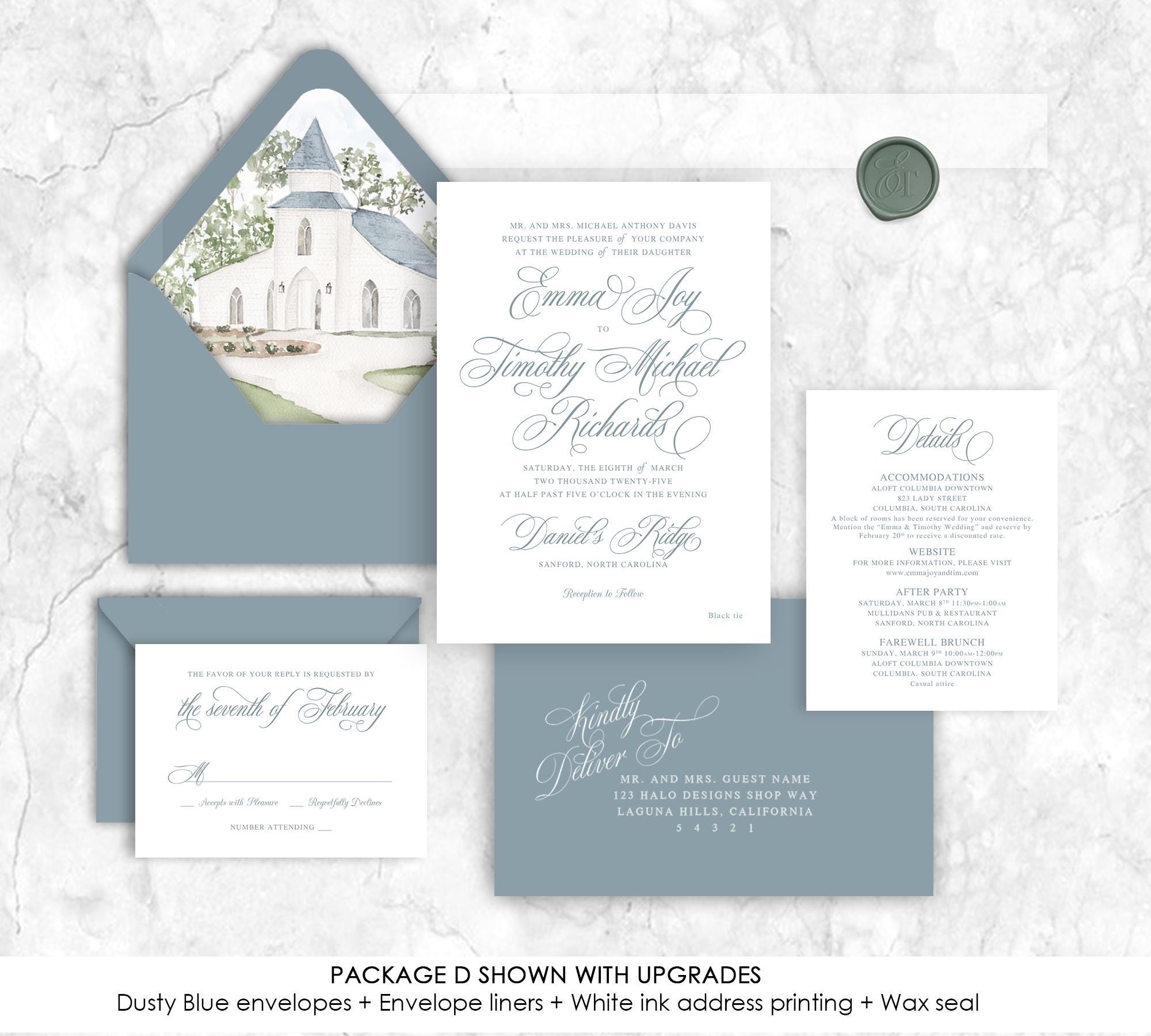 Wedding invitation set featuring a venue on the envelope liner | classically elegant wedding invitation design | Daniel's Ridge