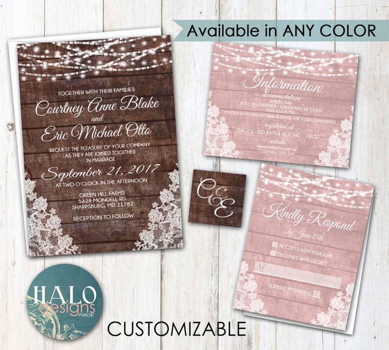 Rustic Lace Wedding Invitations blush dusty rose pink any image 2